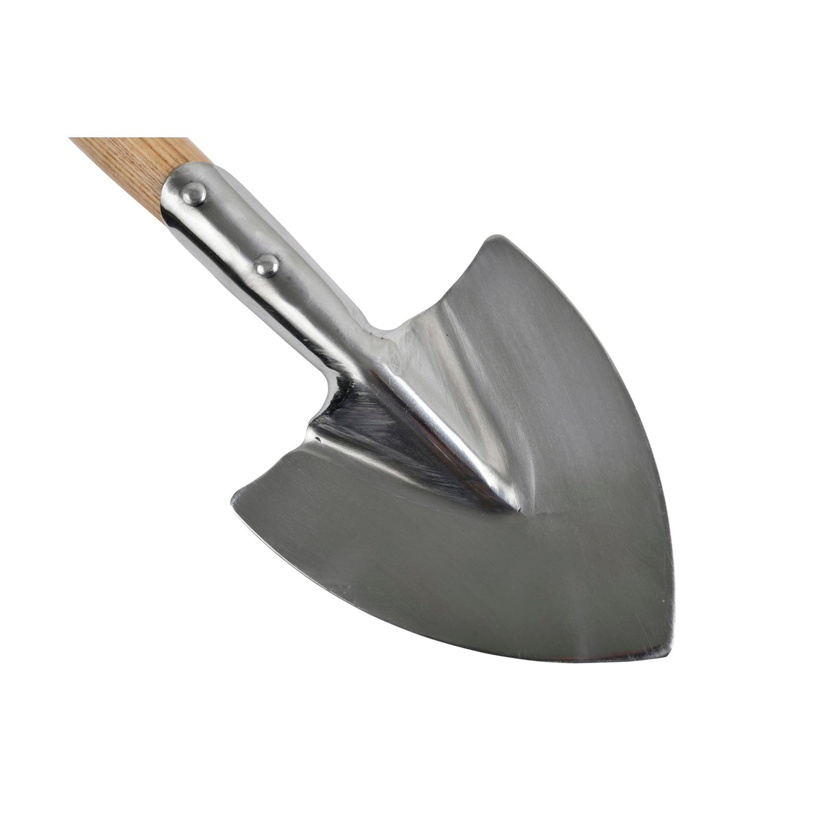 Stainless-steel spade blade with attached wooden shaft section