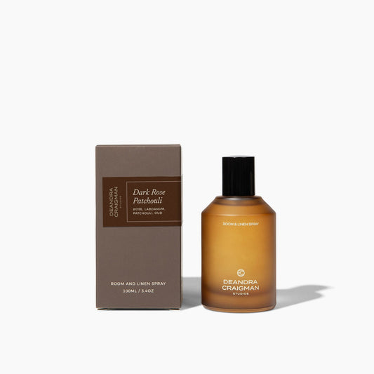 Room and linen spray with amber bottle and black cap plus Dark Rose Patchouli box