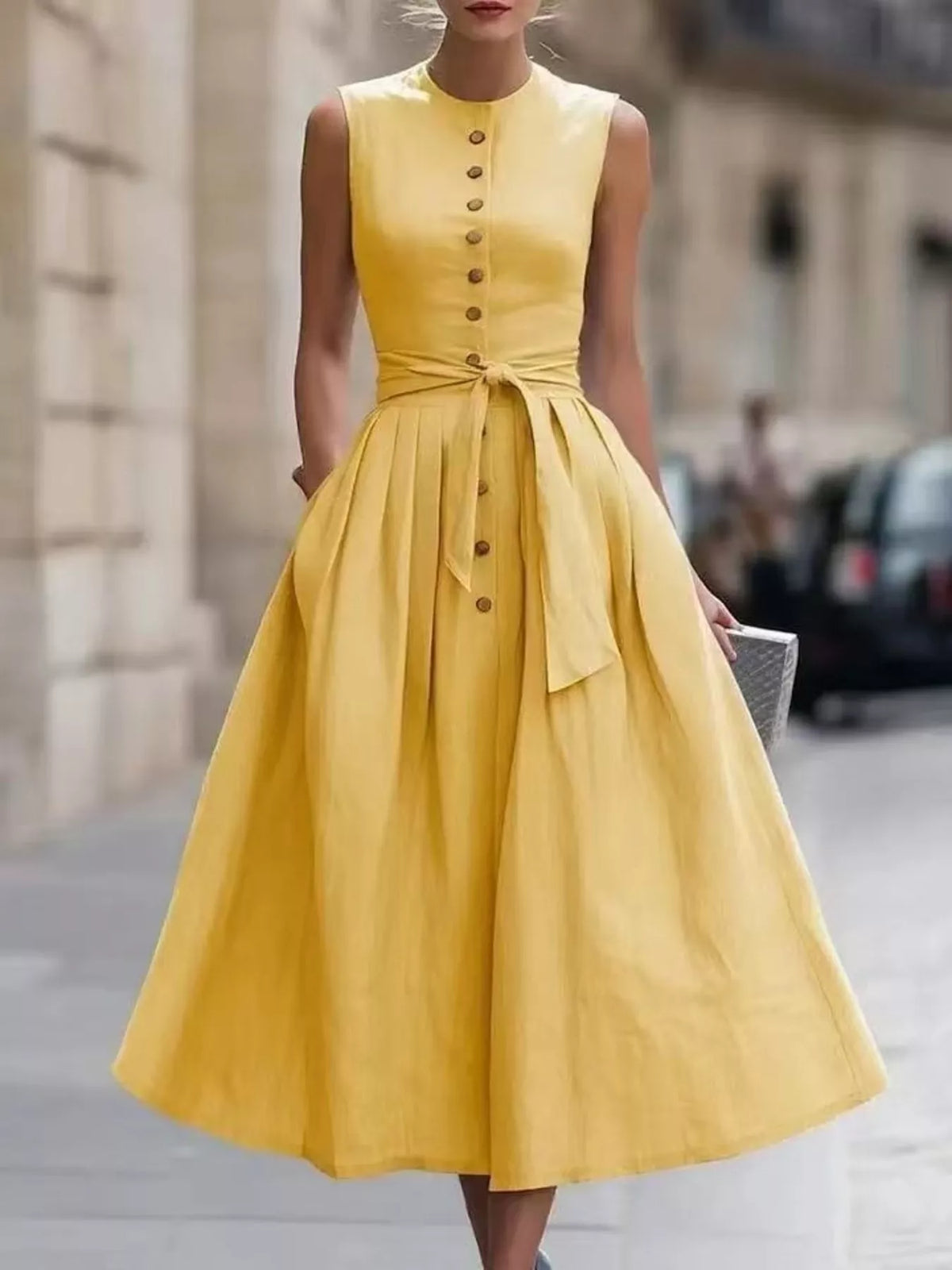 Vintage-Inspired Belted Sleeveless Midi Dress