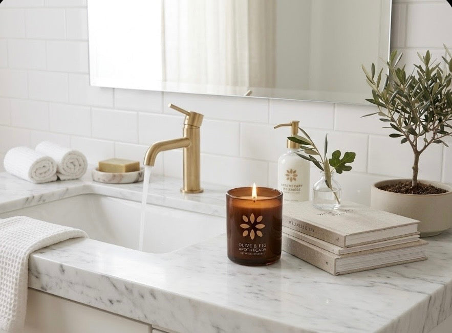 Amber jar candle on a marble counter with accessories and gold faucet backdrop