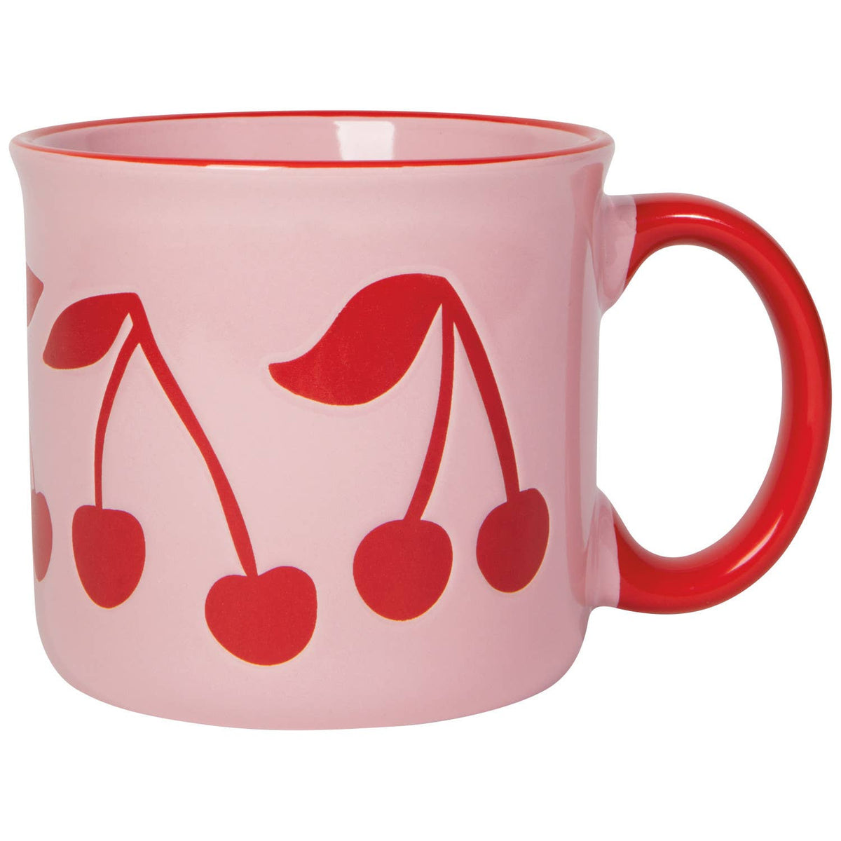 Pink ceramic mug with red cherry graphic design and red curved handle, close-up