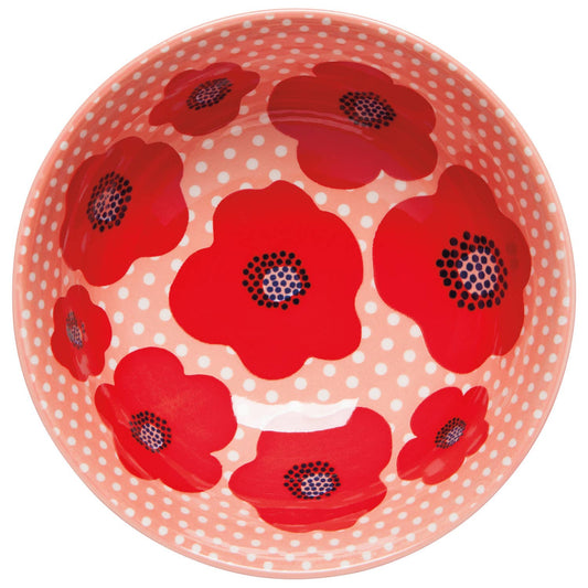 Poppy bowl top with orange polka dots and red poppy flowers with dark centers