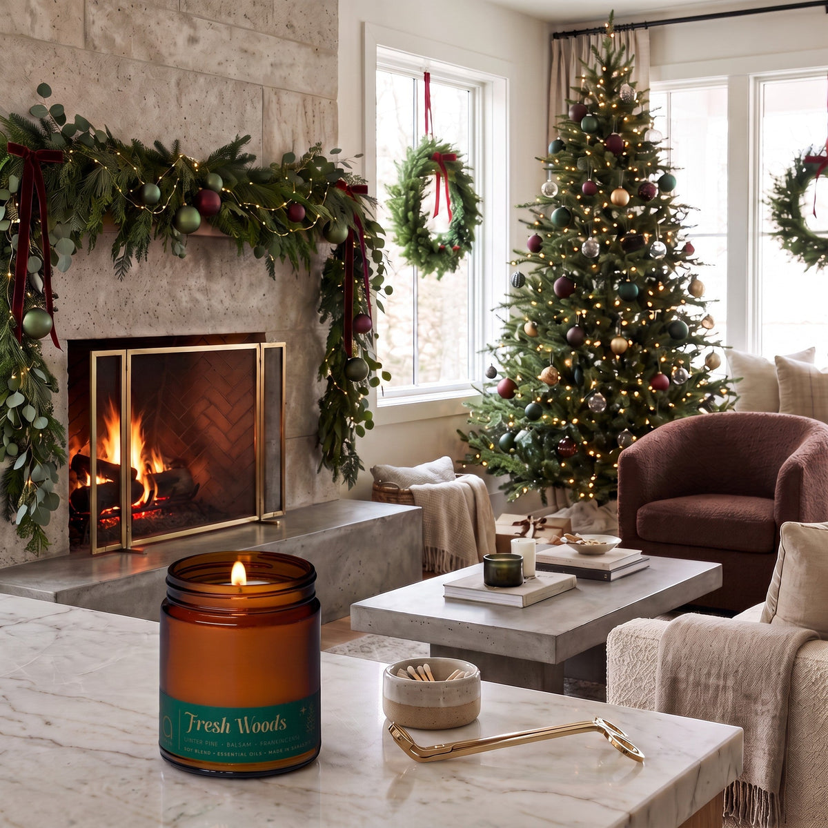 Amber glass candle jar with lit wick and green Fresh Woods label