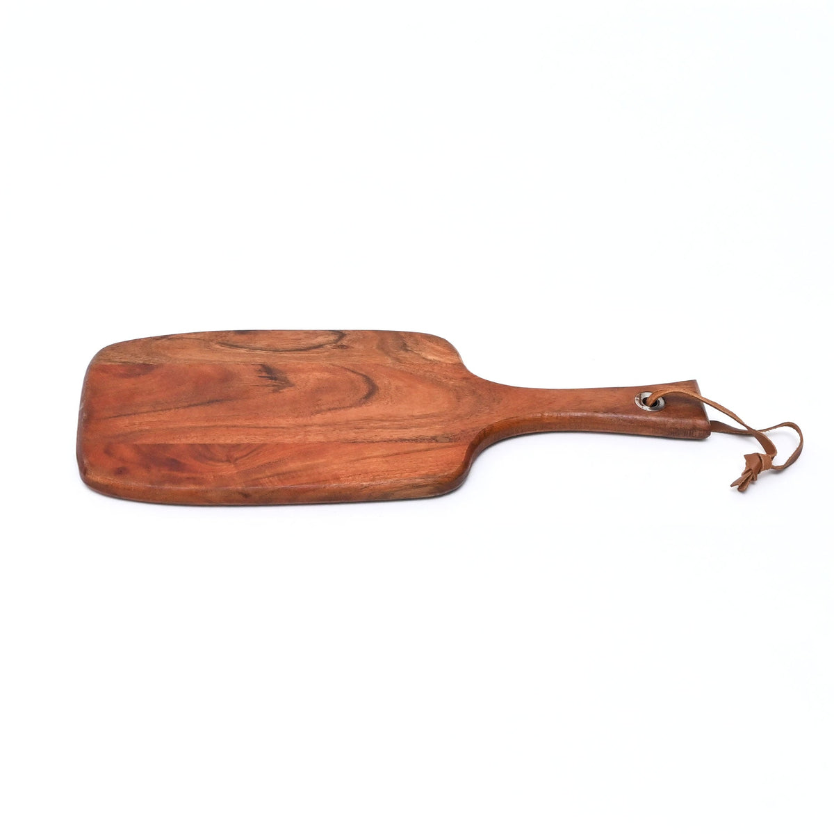 Wooden paddle cutting board with hanging cord, natural wood color