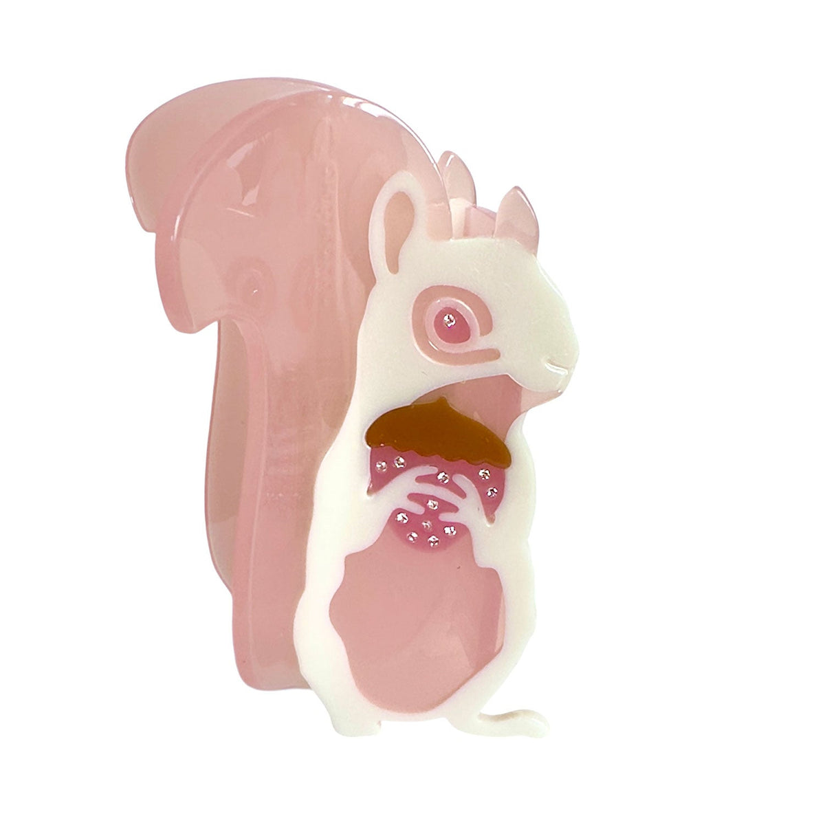 Pink translucent hair claw with white squirrel face and pink gemstone belly detail
