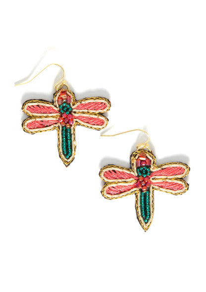 Beaded dragonfly earrings, red and teal beading with gold edging