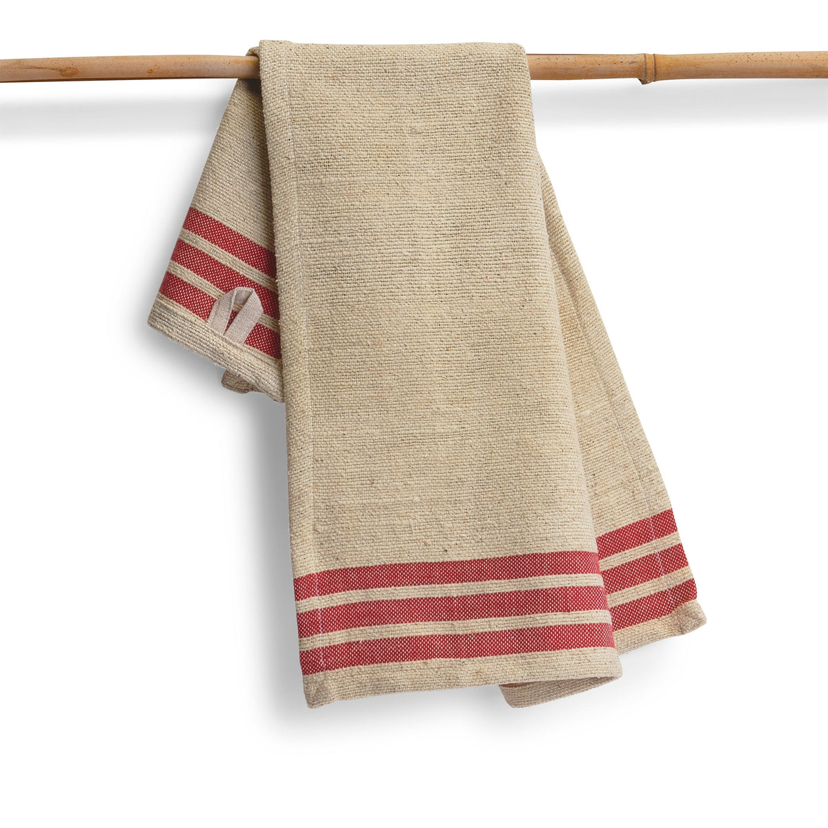 Handwoven cotton kitchen towel in natural beige with red striped border
