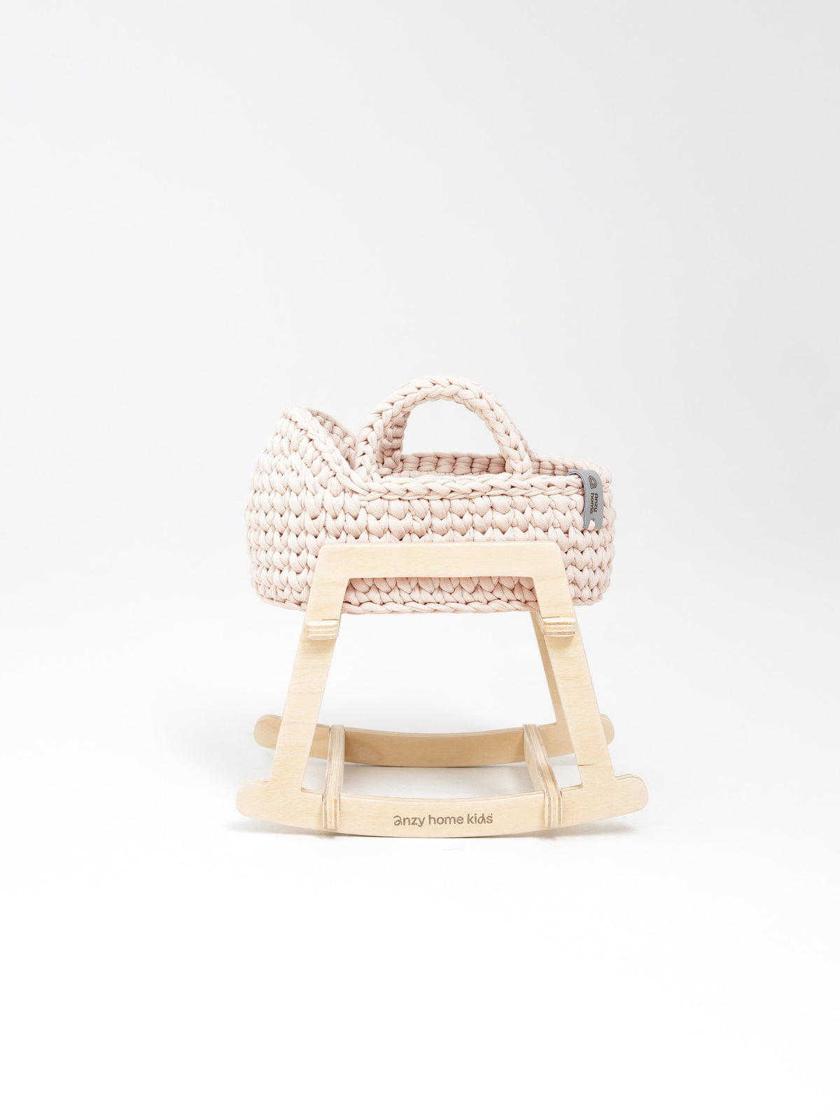 Mini doll moses basket with rocking stand, pale pink woven basket with curved handle