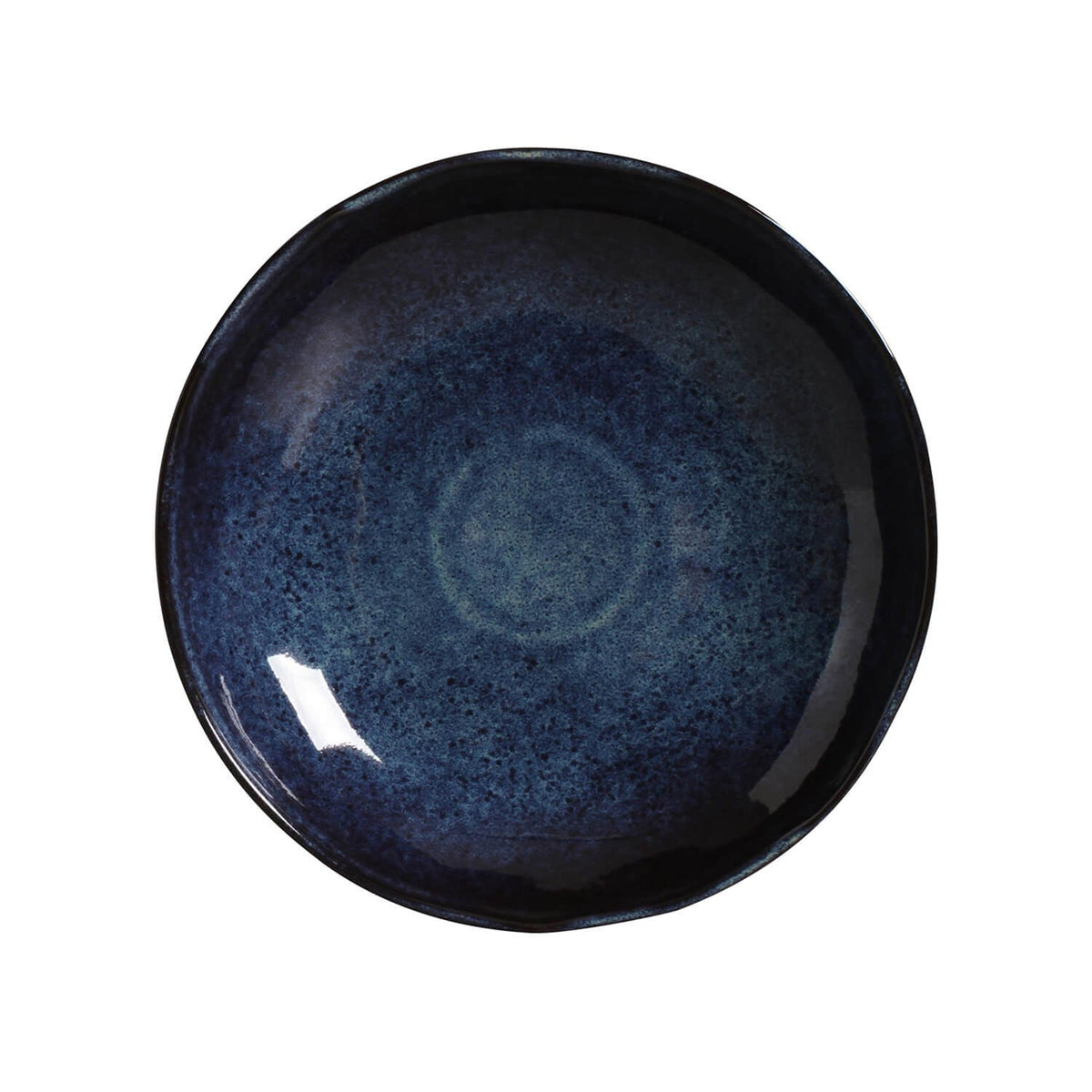 Navy reactive glazed pasta plate, round design with glossy interior sheen