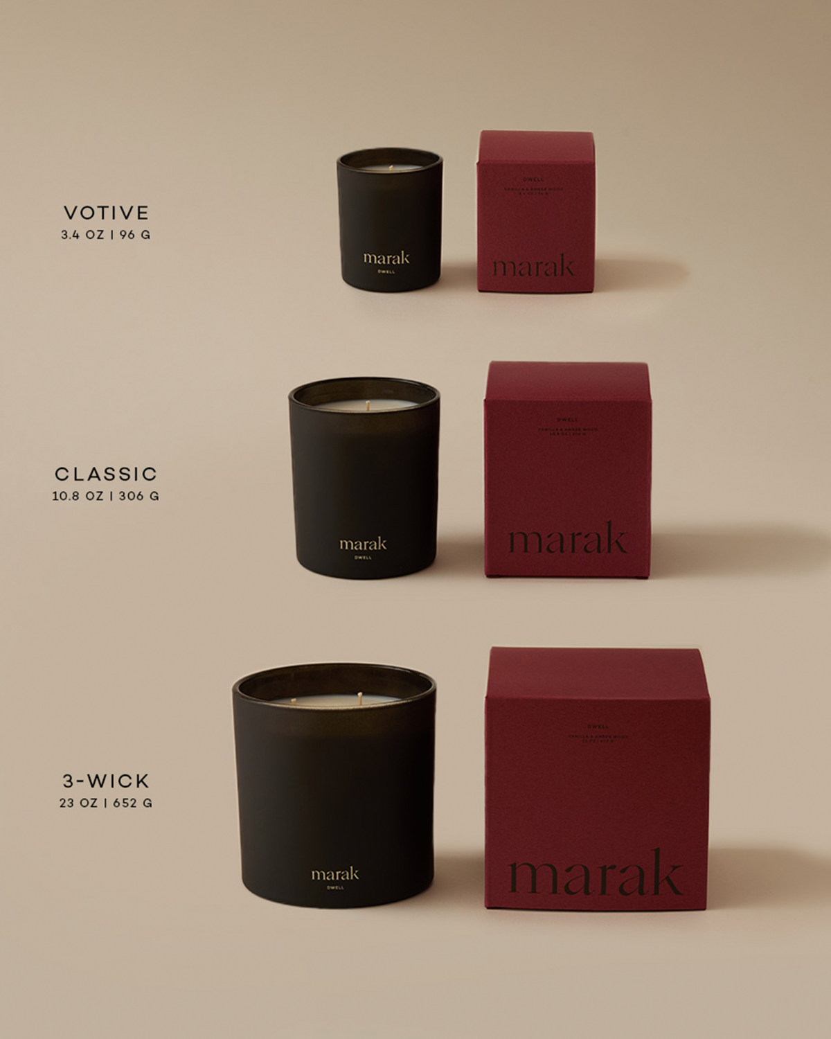 Three marak candle sizes shown with black jars and maroon boxes: Votive, Classic, 3-Wick