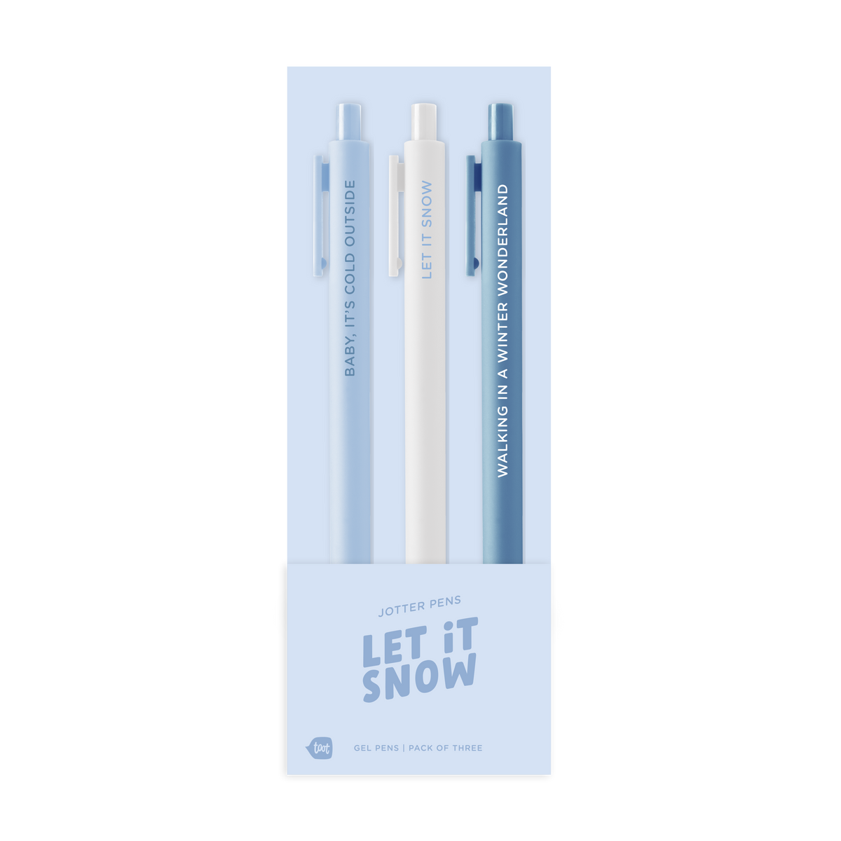 Let It Snow three-pack of gel pens in pale blue, white, and blue