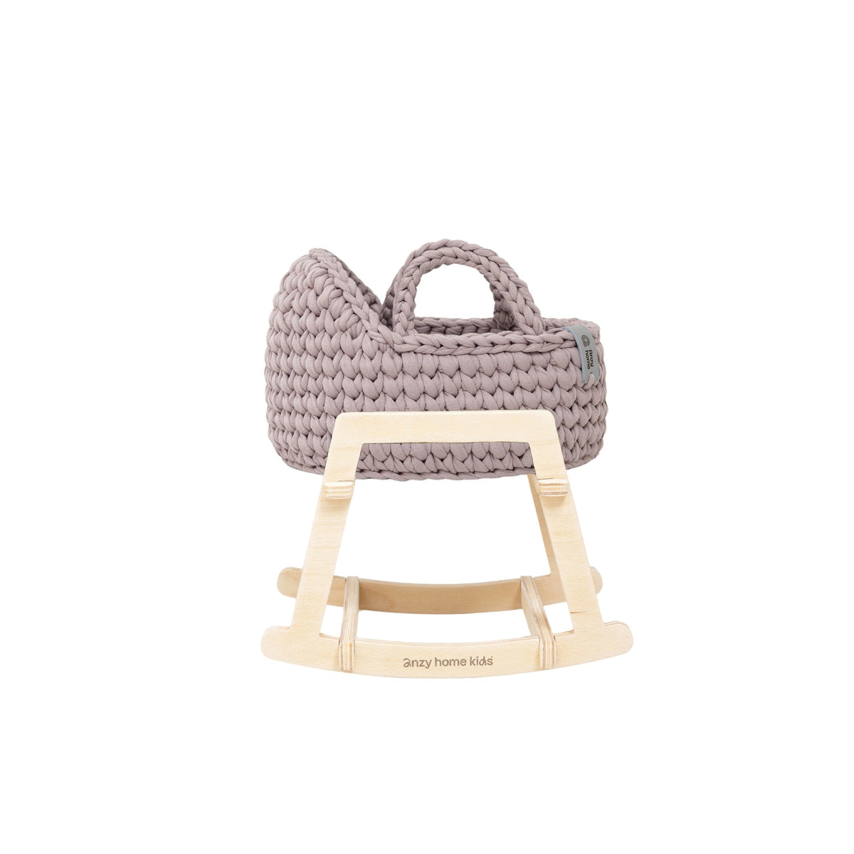 Mini doll Moses basket with rocking stand, woven pale mauve, top carry handle