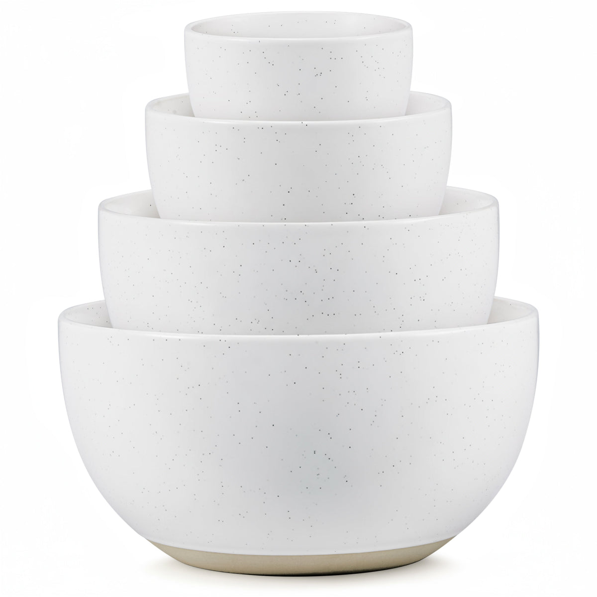 Set of 4 ceramic nesting bowls in speckled off-white, stacked and ready for serving