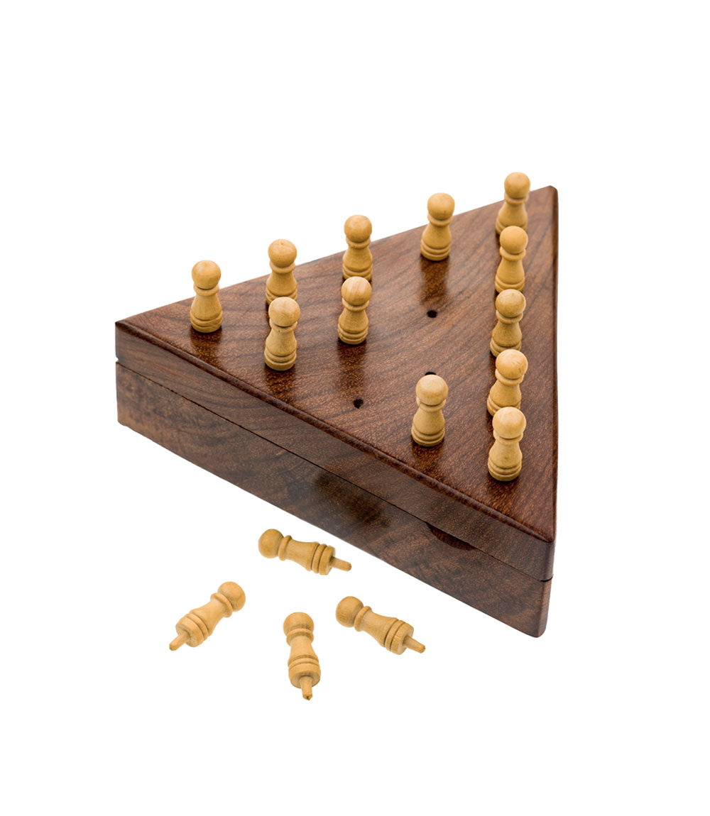 Wooden triangular peg board with rows of pegs and scattered loose pegs