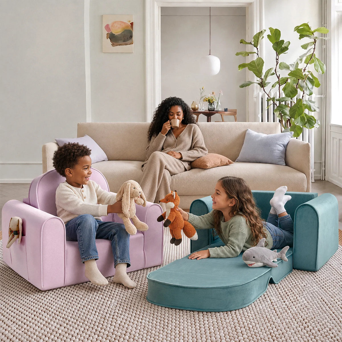 Light purple kids sofa chair beside a teal chair unfolded into a lounge