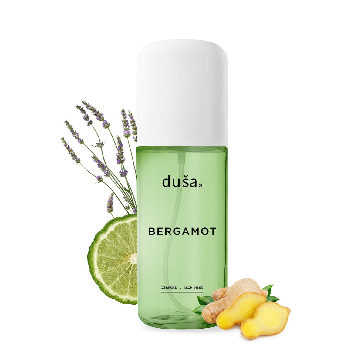 Bergamot hair and body perfume mist bottle with citrus slice and lavender sprig