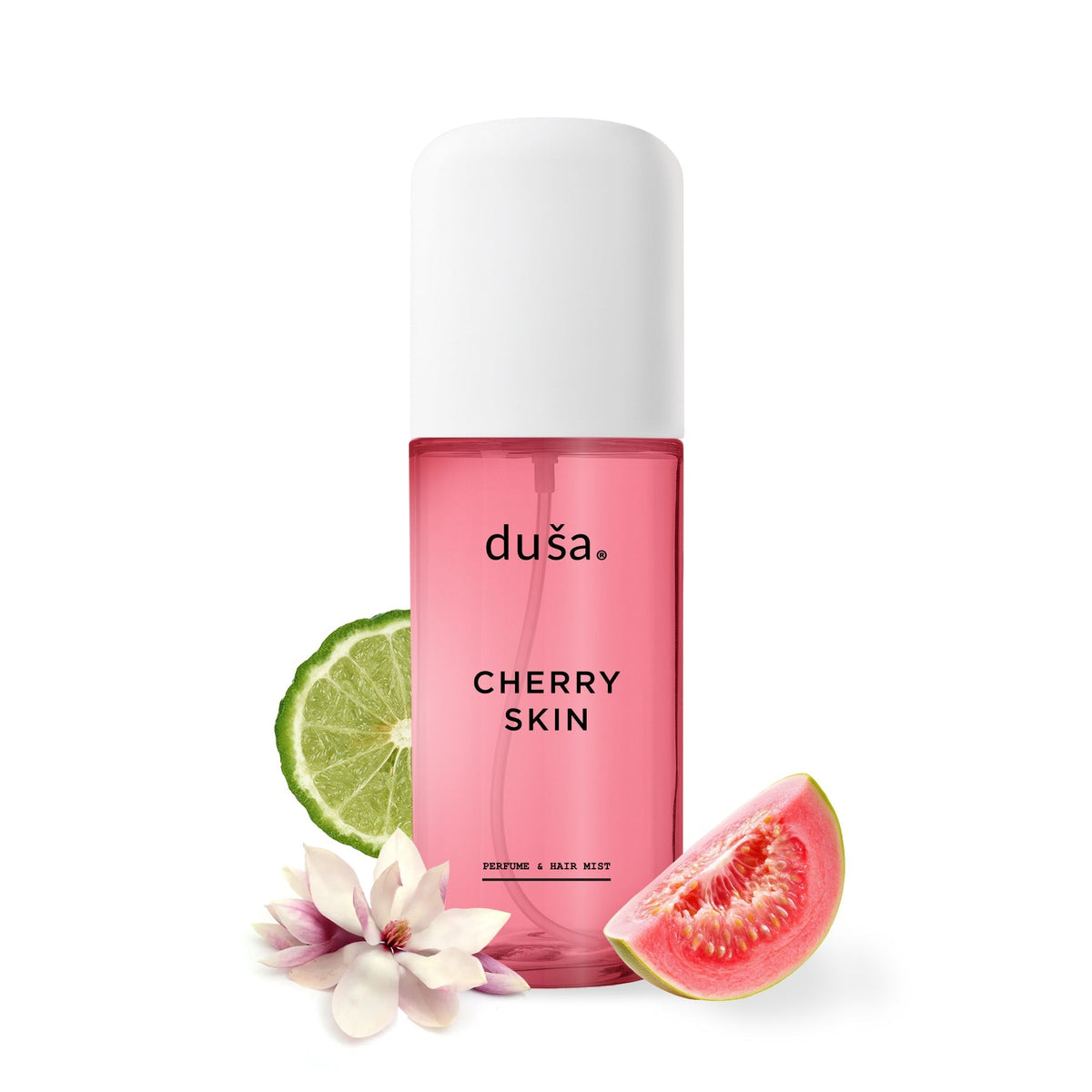 Cherry Skin perfume mist bottle with pink liquid, white cap, and fruit accents