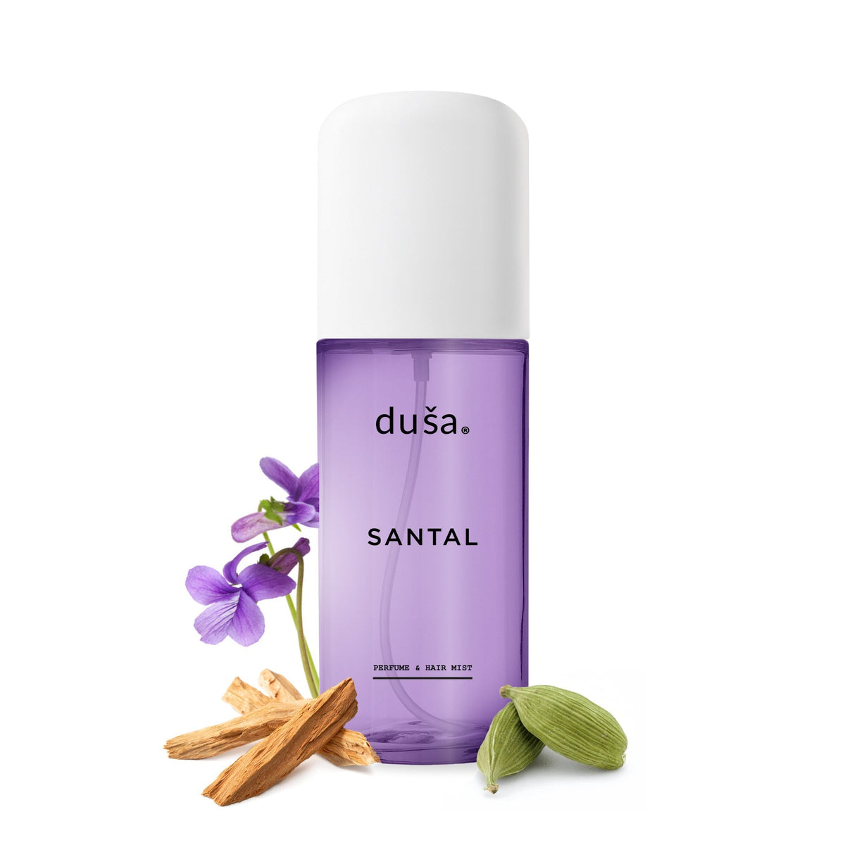 Perfume mist hair and body spray bottle with white cap and purple liquid