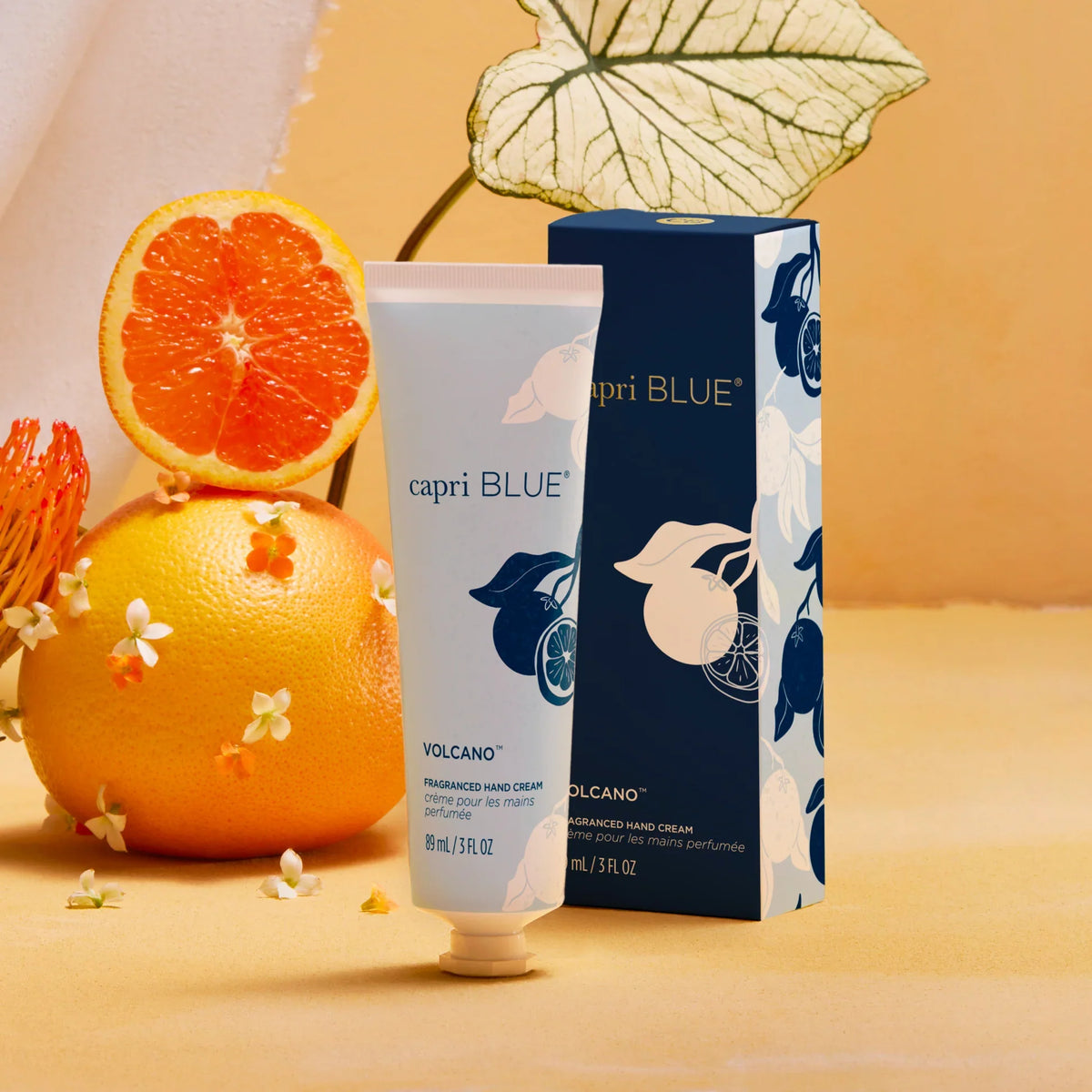 Capri Blue Volcano hand cream and box with blue floral design