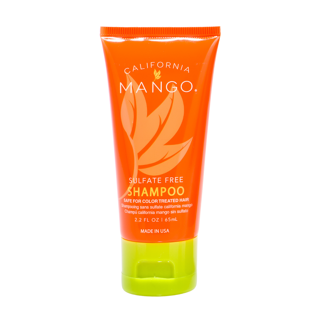 California Mango sulfate-free shampoo in an orange squeeze tube with a lime-green cap.