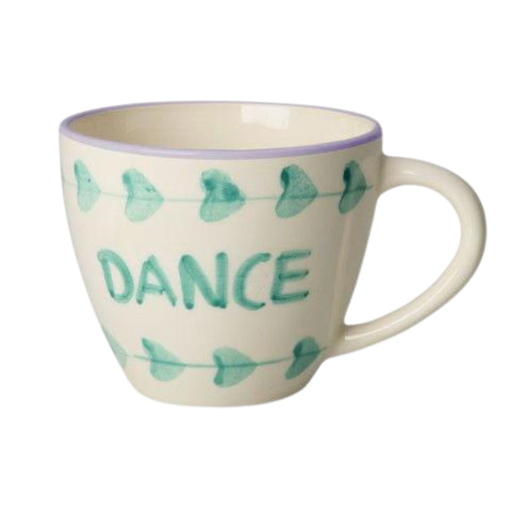Ceramic jumbo cup with hand-painted teal DANCE lettering and heart accents