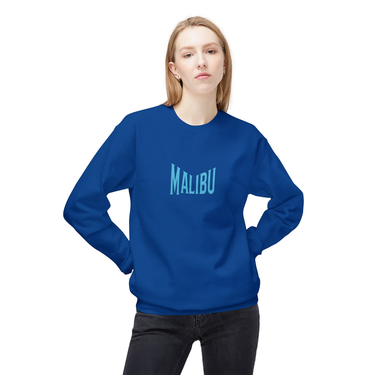 Royal blue fleece sweatshirt with teal MALIBU graphic, worn by model