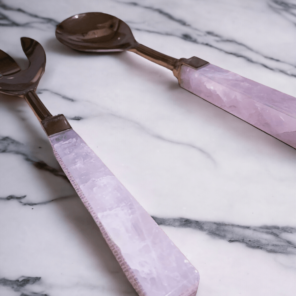 Rose quartz serving spoon with rose-gold metal scoop and pink stone handle