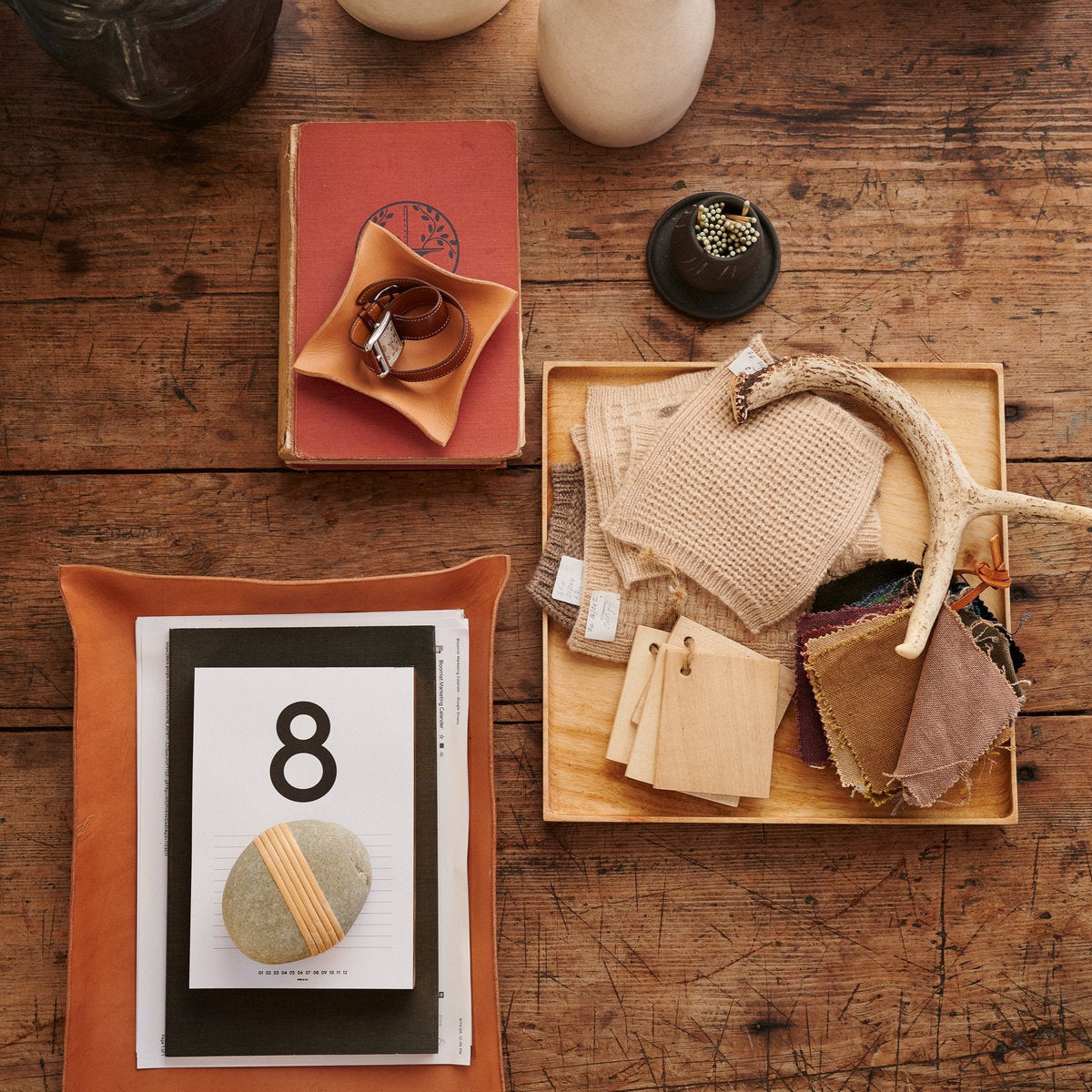 Stoneware match strike with tray set, dark stoneware holder with matches and cards