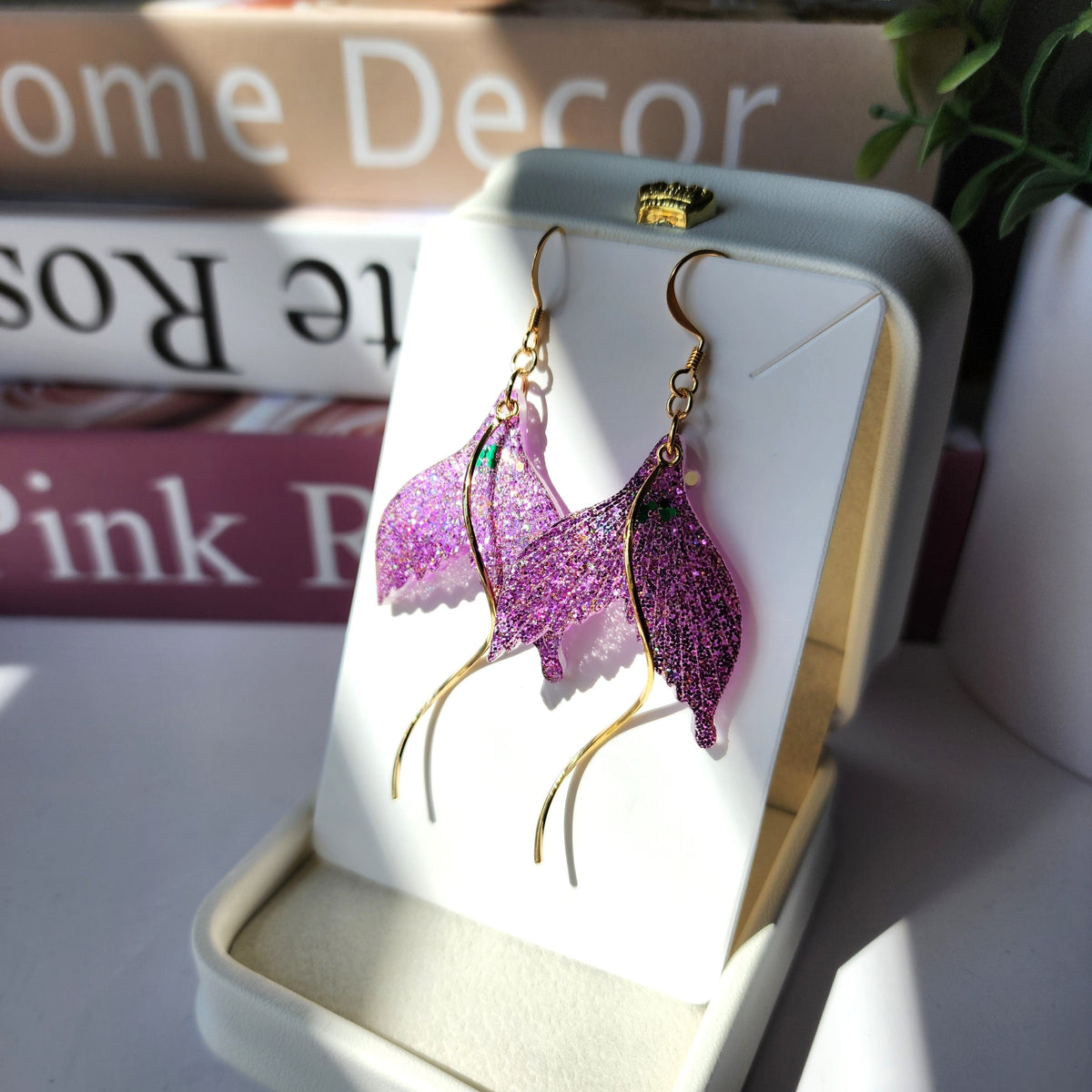 Purple glitter mermaid tail dangle earrings with gold-tone hooks