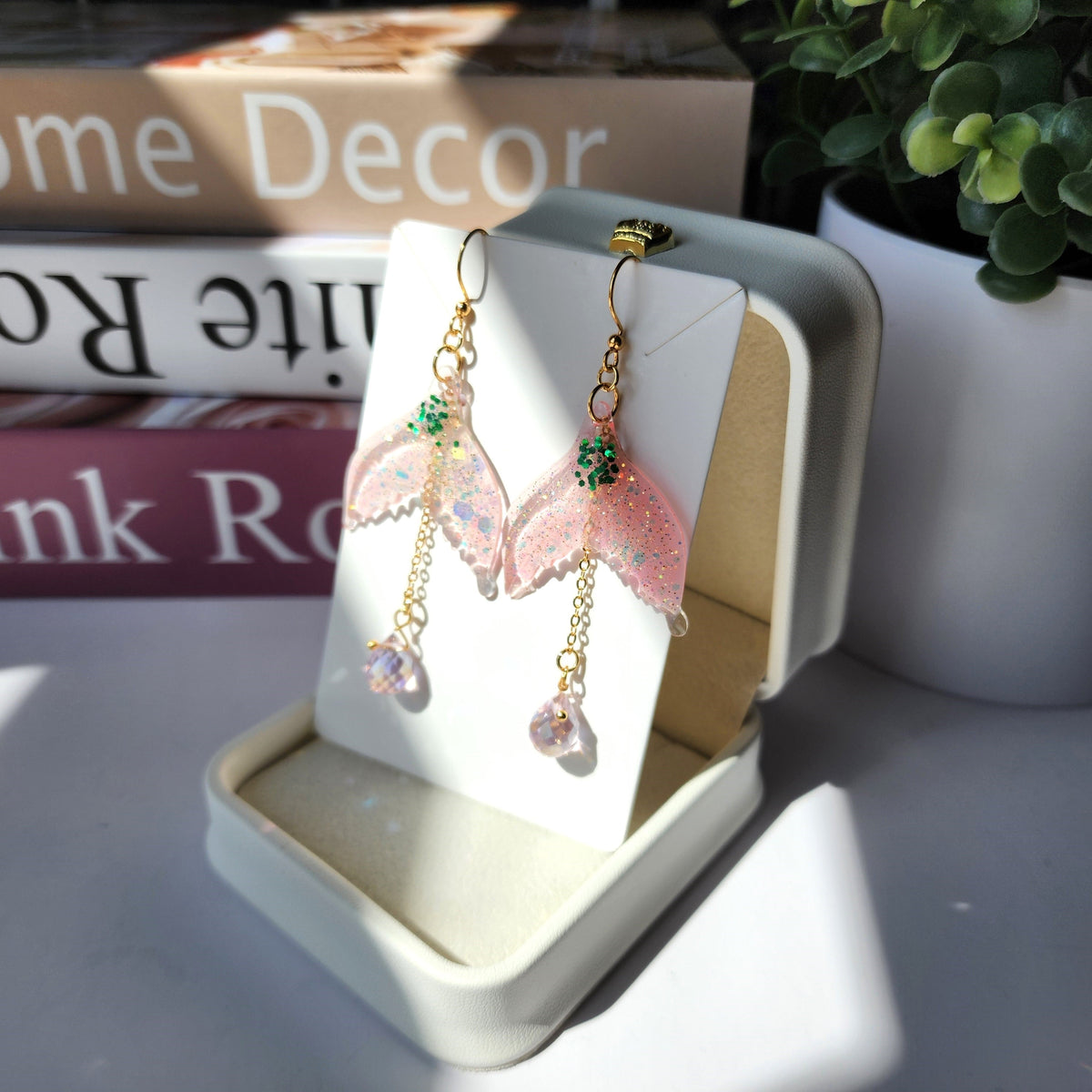 Pink and iridescent glitter mermaid tail dangle earrings with gold-tone hooks