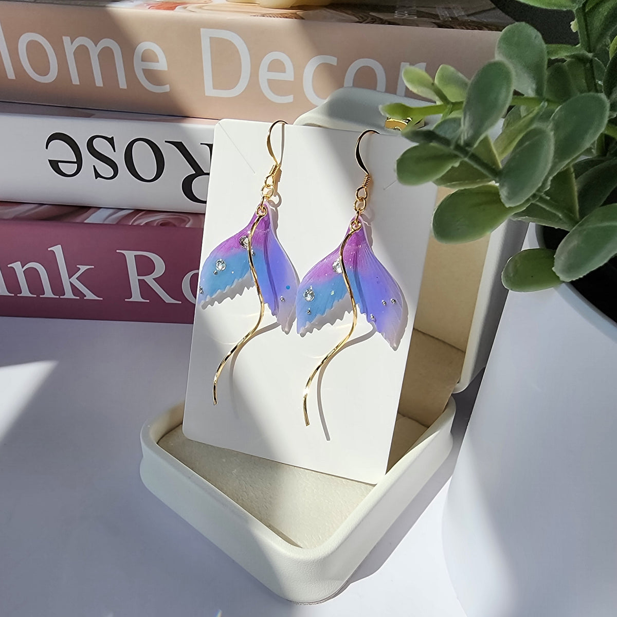 Purple and blue glitter mermaid tail dangle earrings with gold-tone hooks