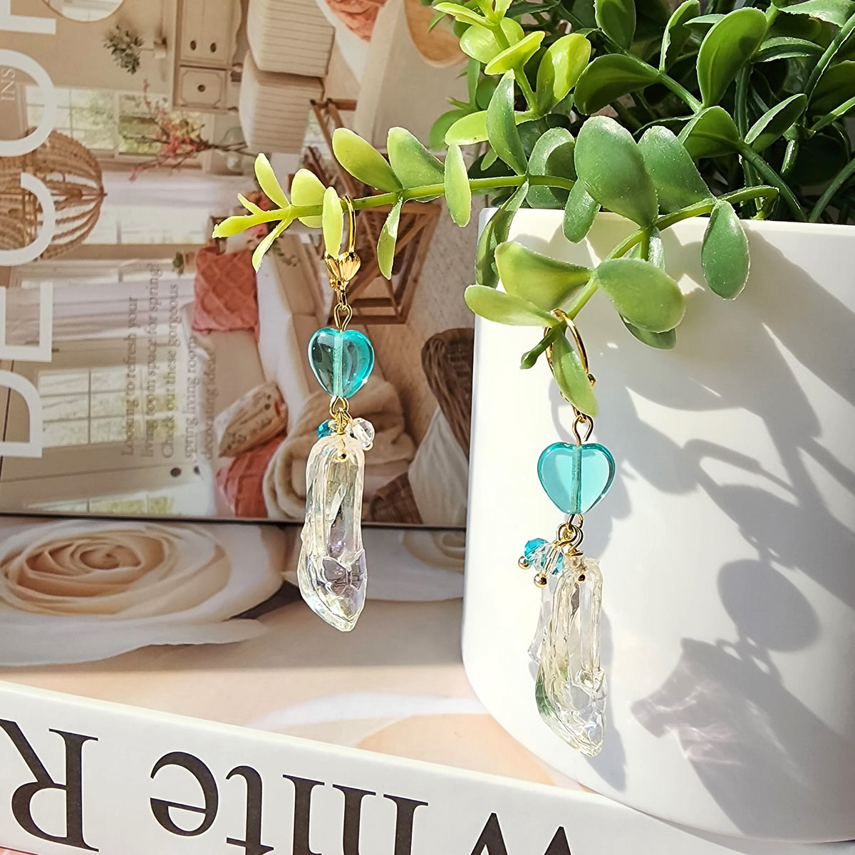 Cinderella glass slipper earrings with turquoise heart charms and clear dangling slippers