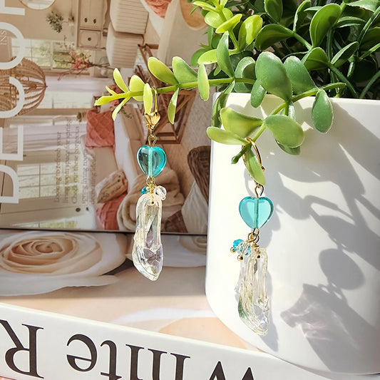 Cinderella glass slipper earrings with turquoise heart charms and clear dangling slippers