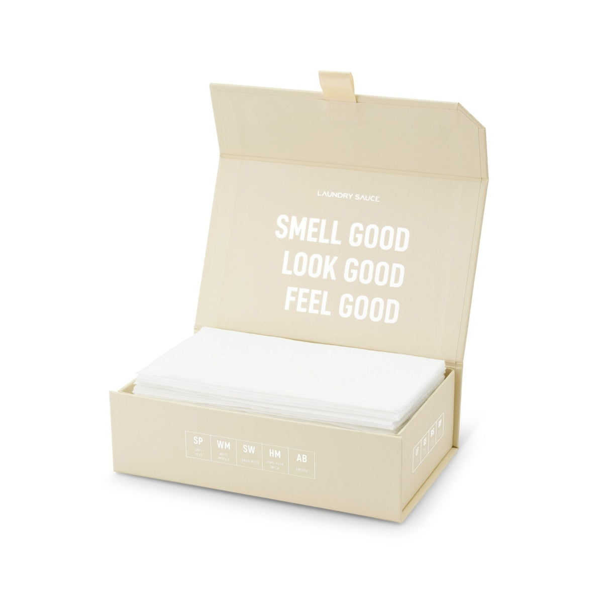 Luxury scented dryer sheets in a cream open box with a stack of white sheets.