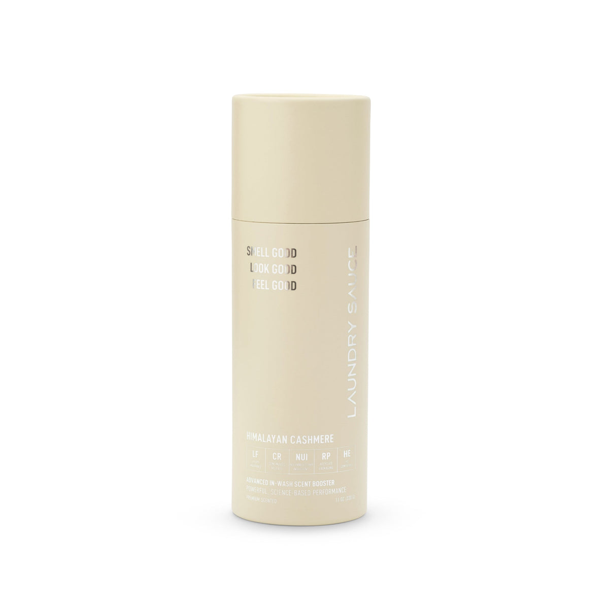 Laundry scent booster tube, beige with flip-top cap and printed label