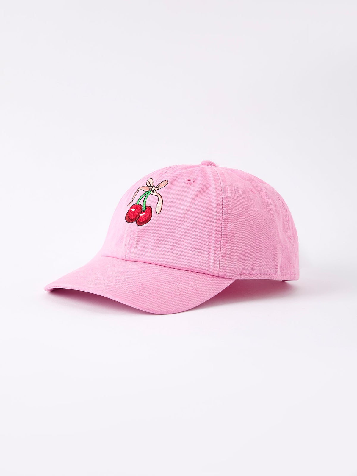 Pink girls baseball cap with cherry embroidery on the front and curved brim