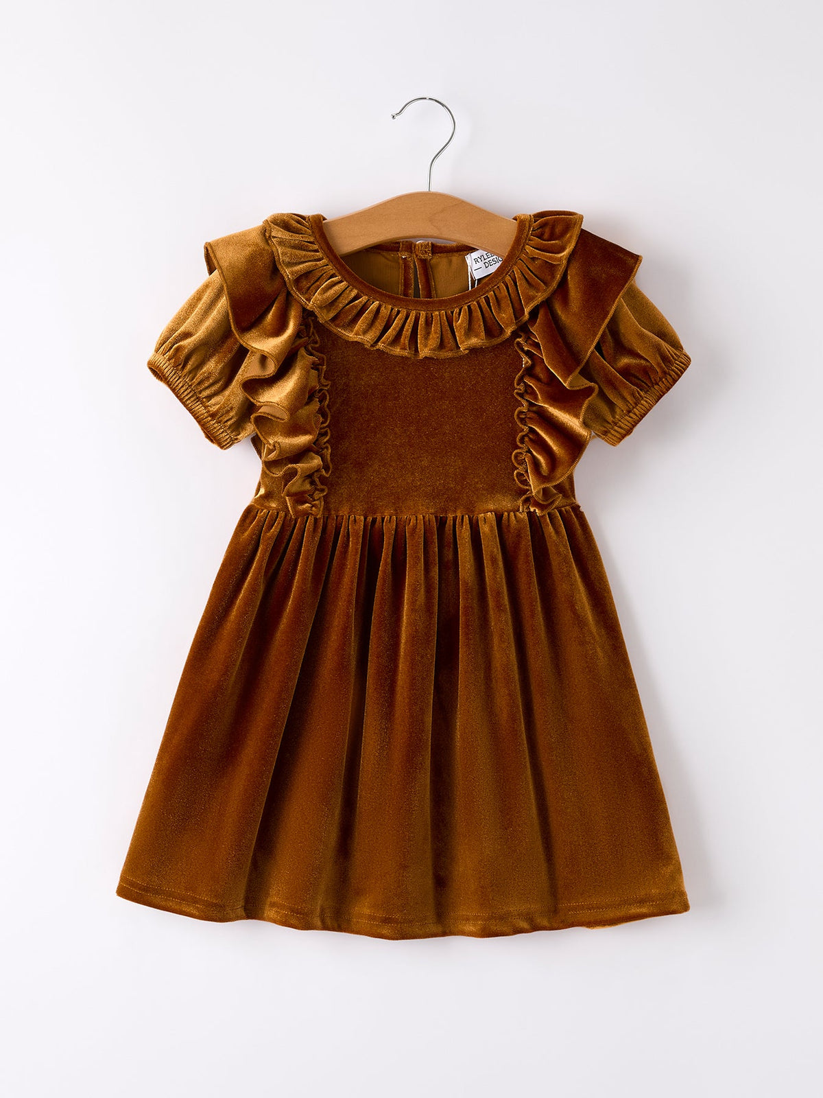 Girls velvet dress in brown-gold with ruffled short sleeves and gathered skirt