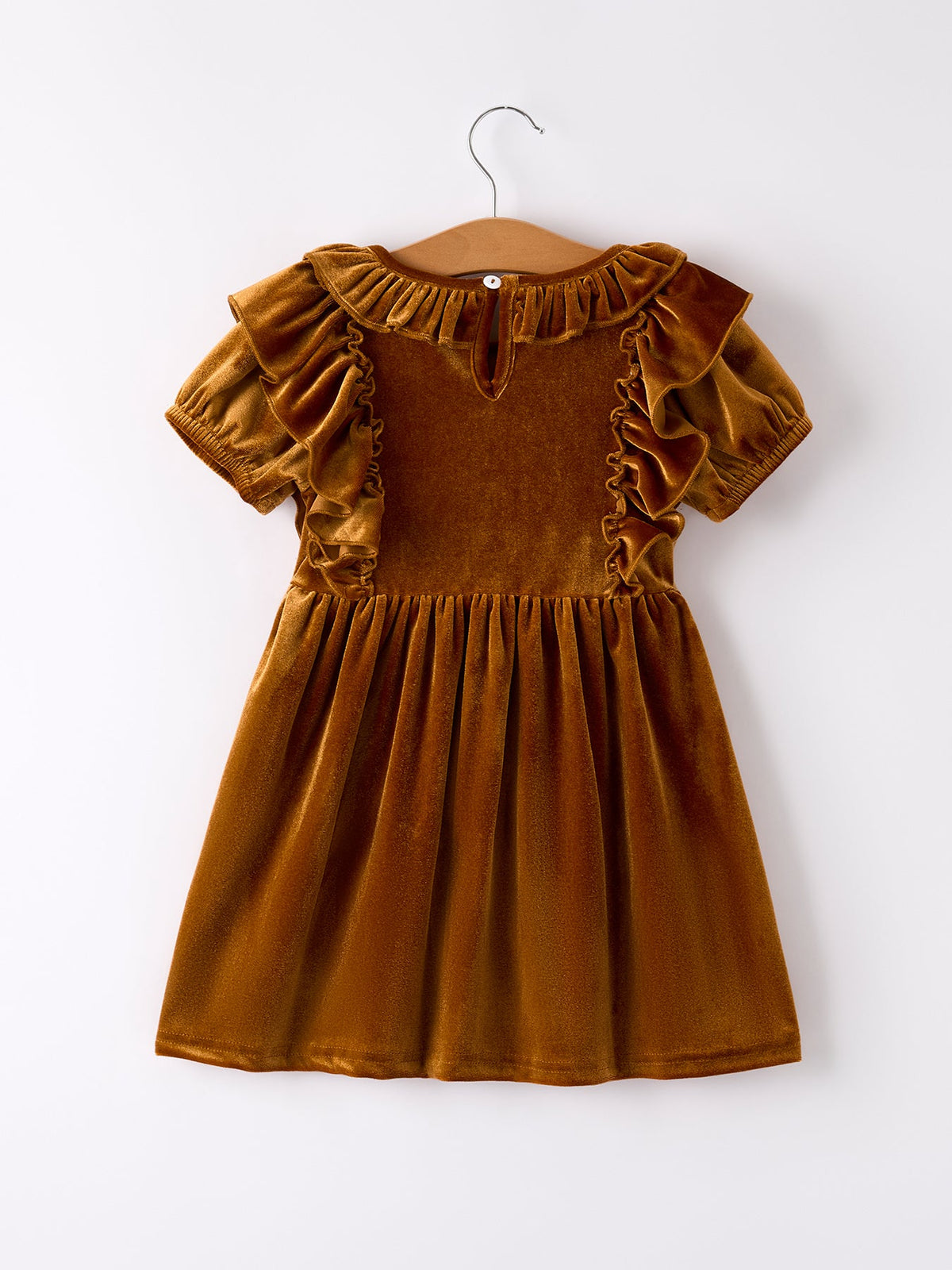 Girls velvet dress in brown-gold with ruffled yoke and short puff sleeves