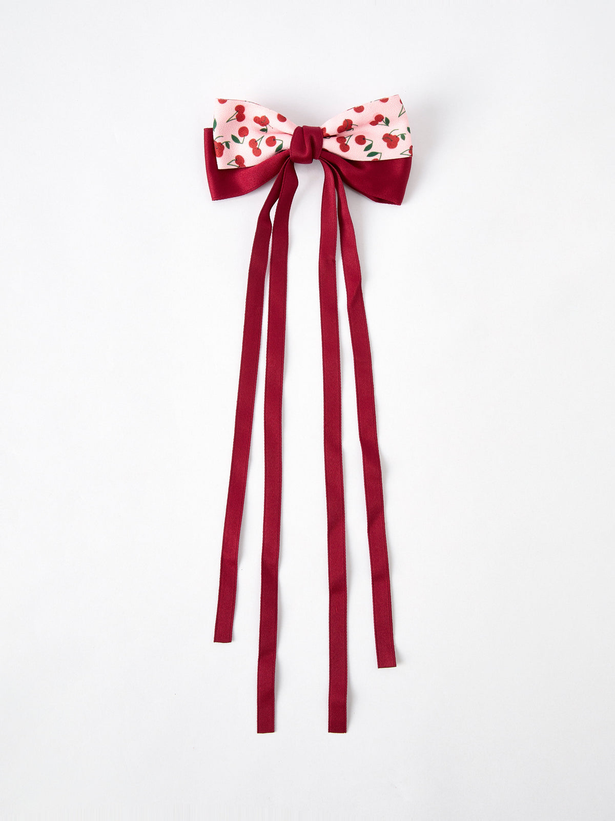 Red cherry print bow ribbon hairpin with burgundy streamers and metal clip