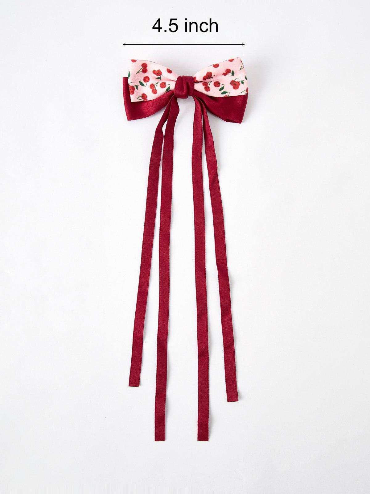 4.5 inch red cherry bow ribbon hairpin with burgundy hanging ribbon tails