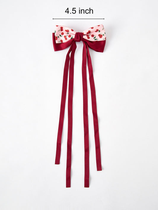 4.5 inch red cherry bow ribbon hairpin with burgundy hanging ribbon tails