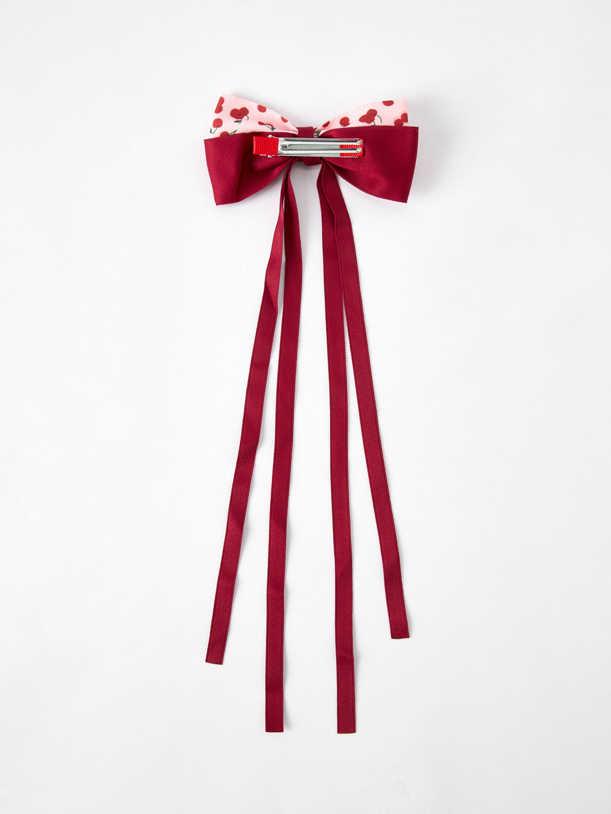 Burgundy ribbon hairpin with cherry-pattern bow and long hanging ribbon tails