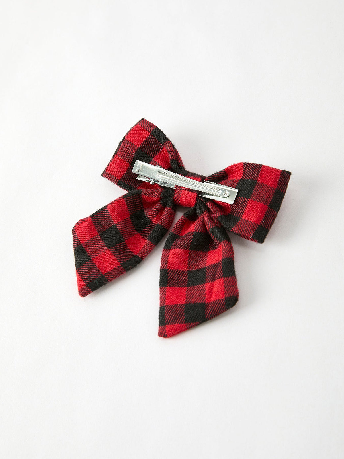 Red and black plaid bow hair clip with silver alligator barrette