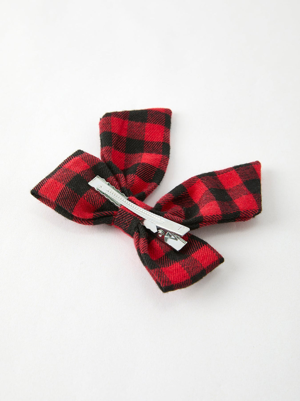 Red and black plaid bow hair clip with silver barrette clip