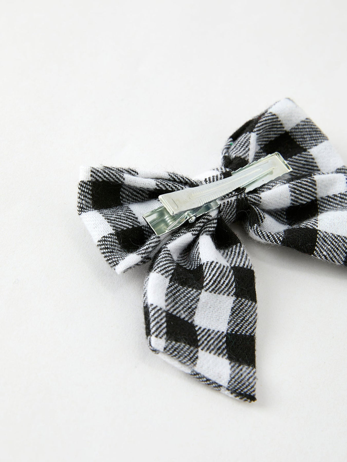 Plaid bow hair clip, black and white check, metal barrette clip