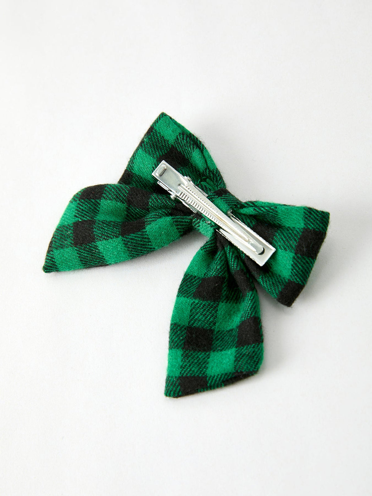 Plaid bow hair clip, green and black buffalo check with silver barrette