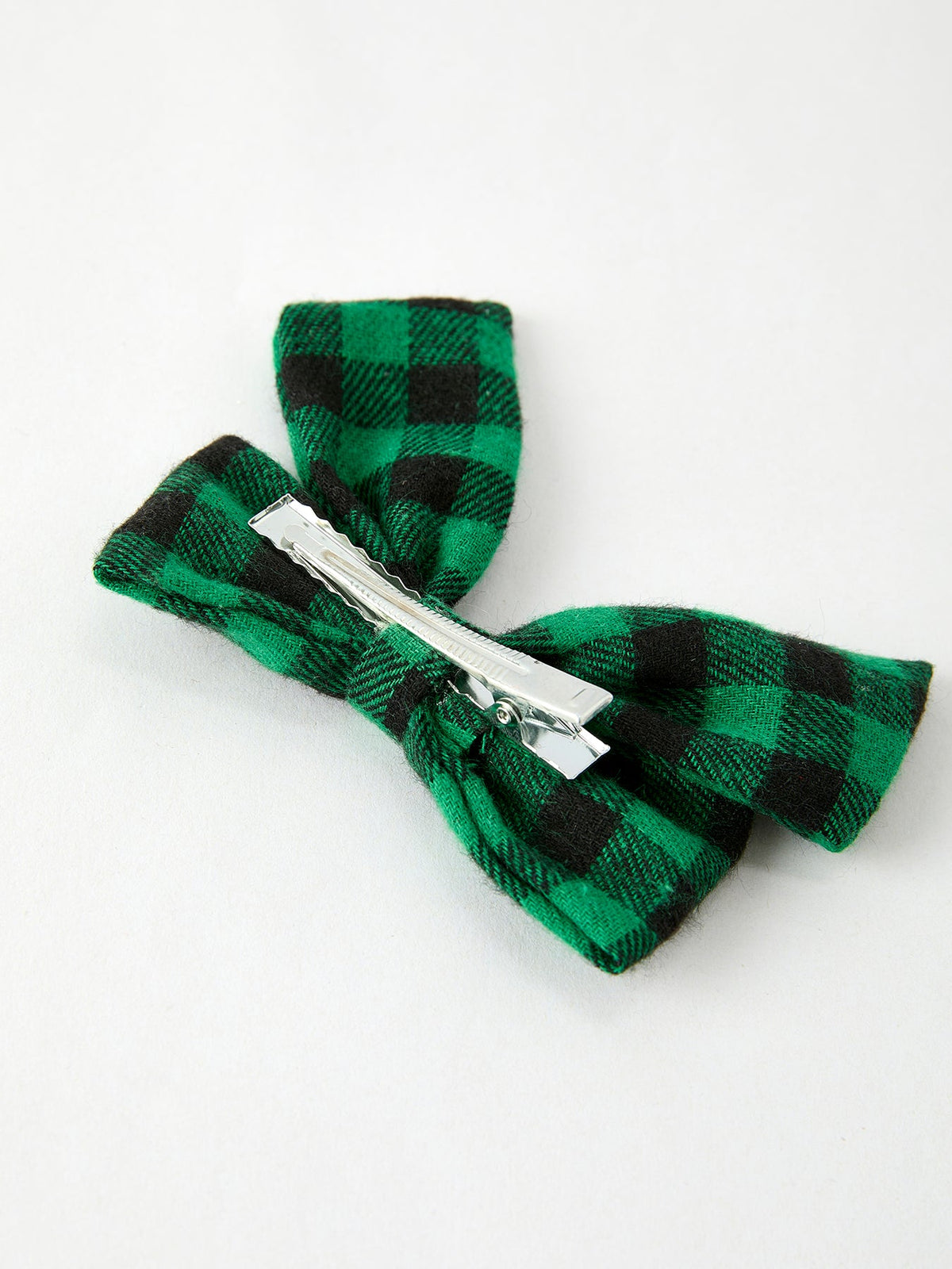 Plaid bow hair clip, green and black check bow with silver snap barrette
