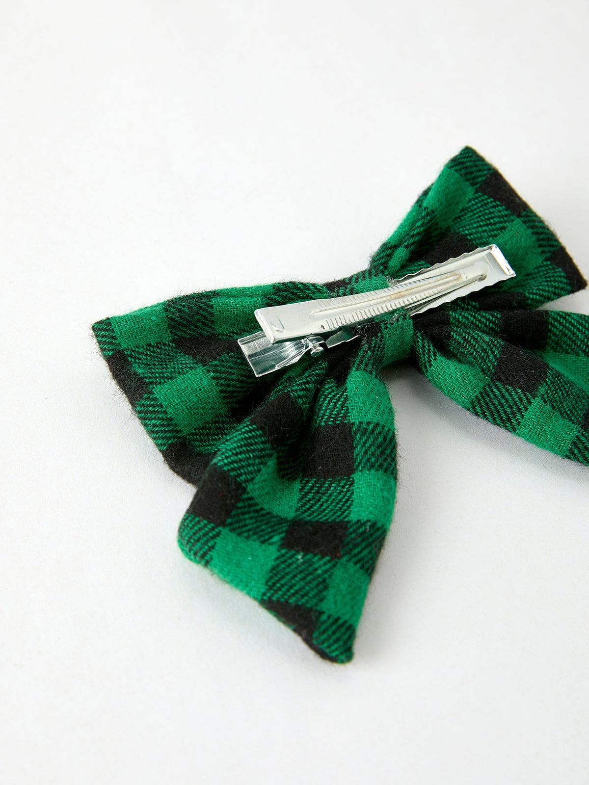 Plaid bow hair clip, green and black plaid bow with silver barrette