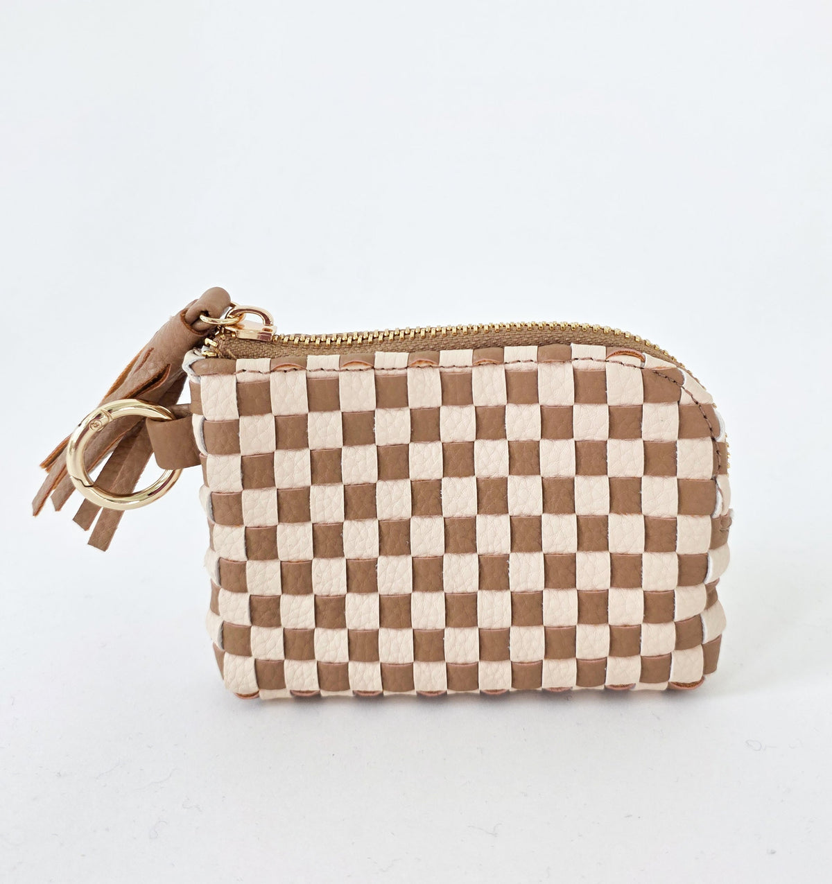 Beige and white checkered card wallet with gold zipper and key ring.