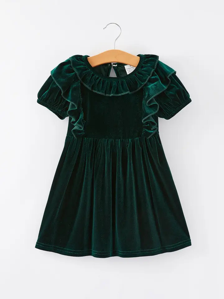 Girls velvet dress in dark green with ruffled collar and short puff sleeves